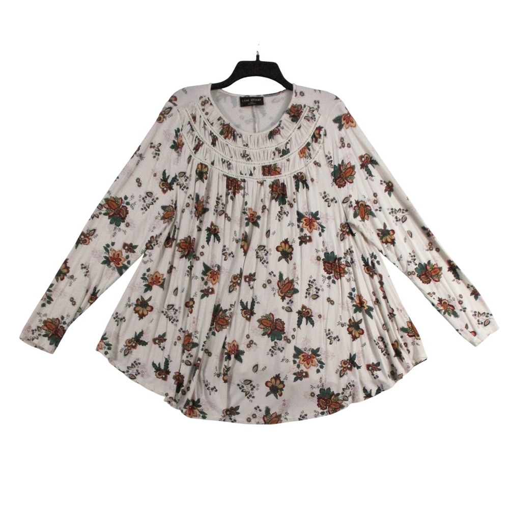 Lane Bryant Floral Babydoll Blouse Cream Long Sleeve Ladder Stitch Top 14/16